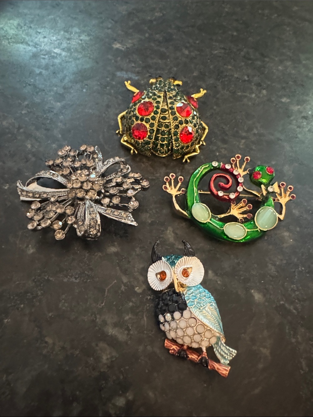 Source Unknown Multicolor Enamel and Crystal Animal Brooch Set